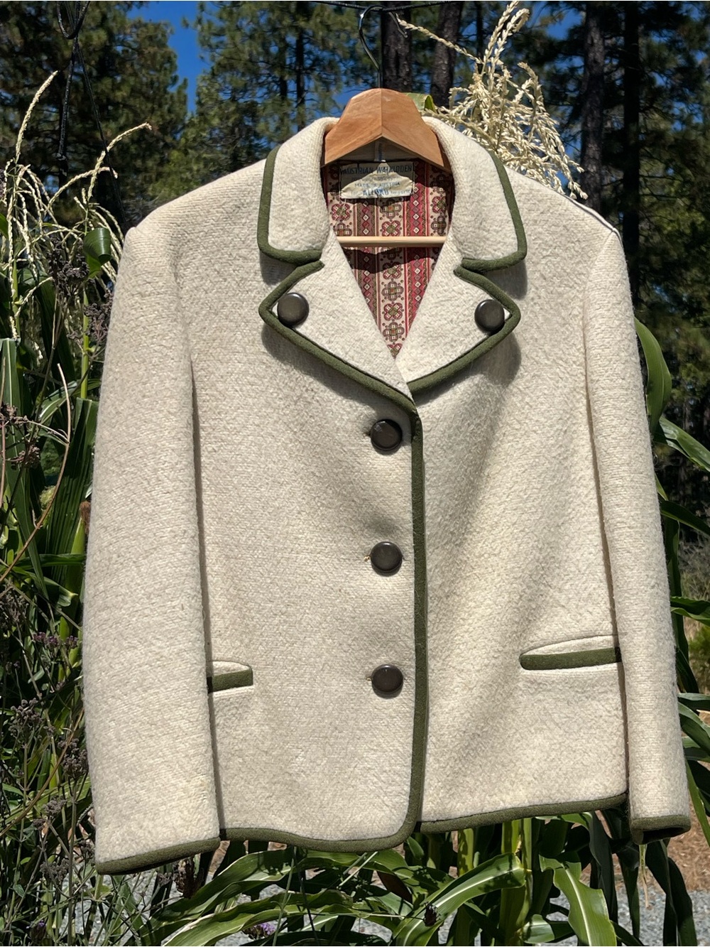 Vintage Wool Jacket Cream with Olive trim.